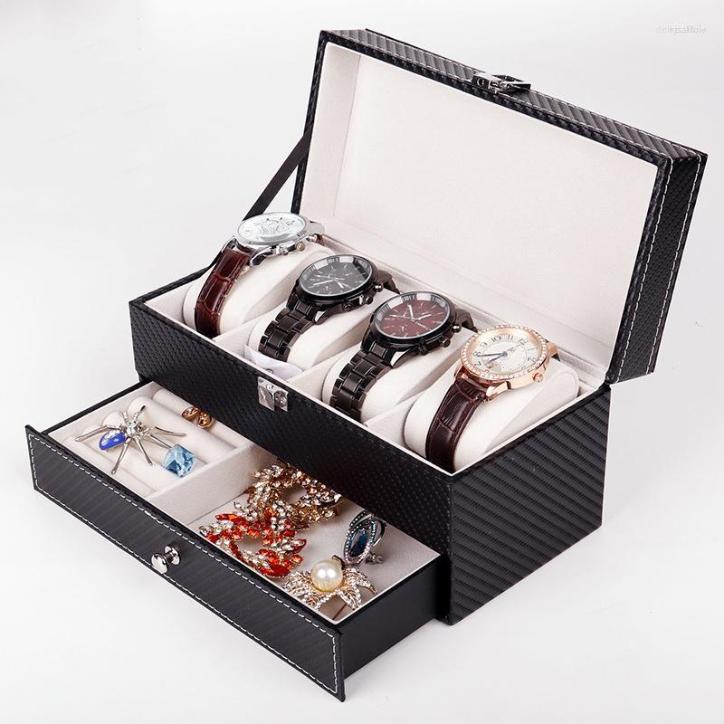 

Watch Boxes Organizer Carbon Fiber Double Layer Necklace Ring Storage Box Fashion Jewelry Multifunction Container Holder