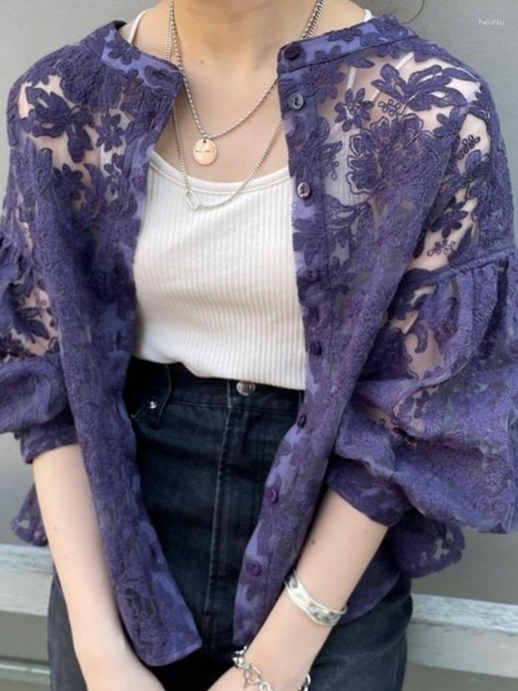 

Women's Blouses Embroidered Lace Lantern Sleeve Shirt For Women Single Double Hollow Out Blusas Top 2023 Spring Summer Ladies Tops M689, Purple