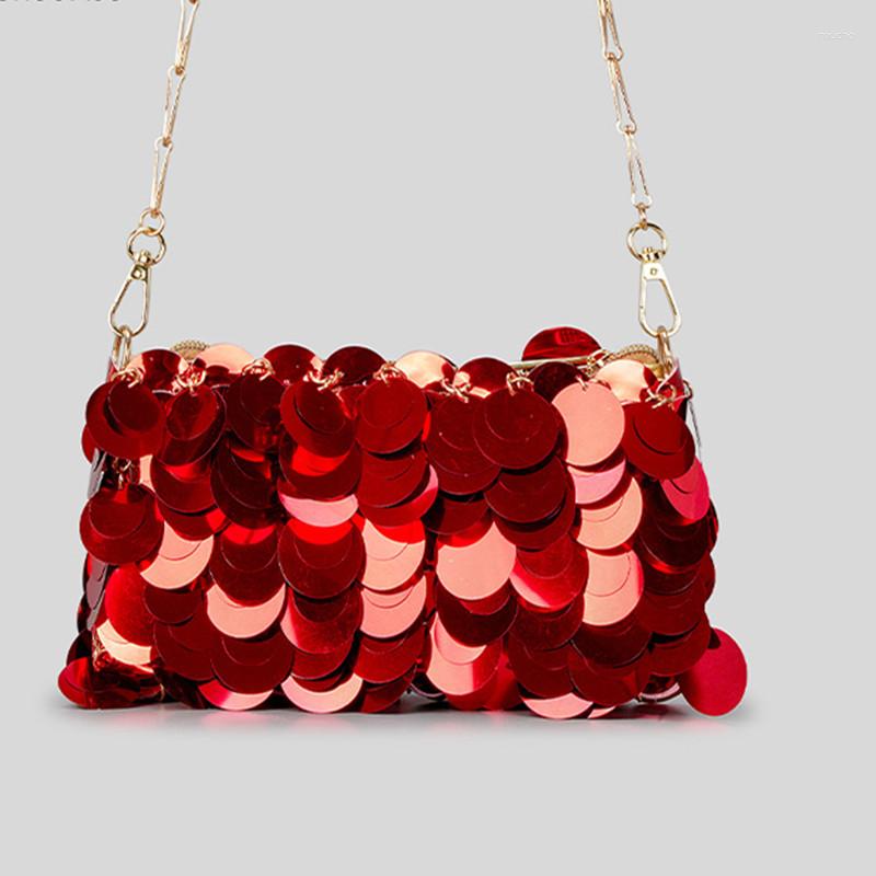 

Evening Bags Sequins Handbags Women Knitted Shining Tote Bag Bling Fashion Lady Bucket Girls Glitter Purses Top, Champange small size