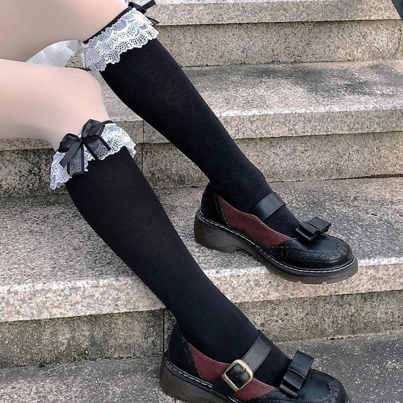 

Women Socks JK Loli Bow Lace Lolita Knee High Black White Pile Sweet Girl Gift Cosplay Costumes Accessories