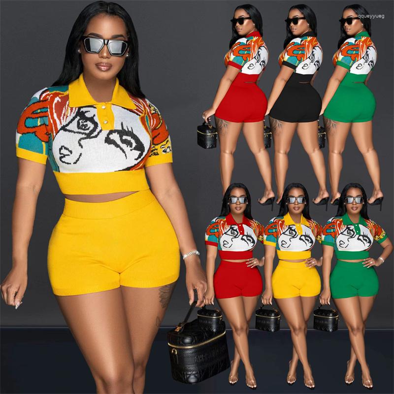 

Women's Tracksuits Ladies Street Fashion Temperament Shorts Set Summer Printed Short Sleeve Lapel T-shirt Match Simple, Black