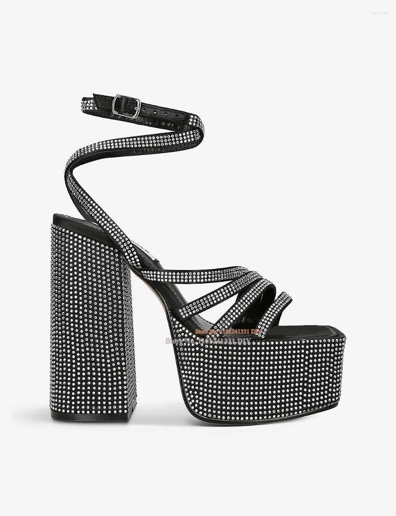 

Sandals Black Crystal Thick Platform Chunky Heeled High Heel Women Diamond Waterproof Women's Embellished Straps Dress Shoes, As show color