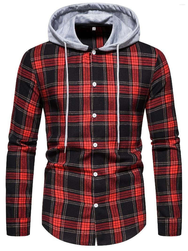 

Men's Casual Shirts Stylish Plaid Brushed Long Sleeve Button Up Hoodie, Dark red