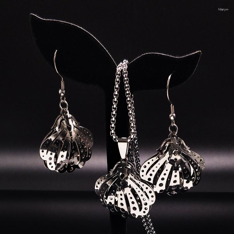 

Necklace Earrings Set Fashion Fan Stainless Steel Jewelry Women Earring Jewellery Silver Color AceroS07, Picture shown