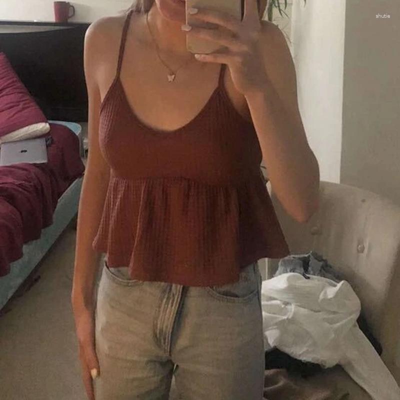 

Women's Tanks Summer Girls Cute Simple Camisoles Women's Chic Sleeveless Activity Tank Tops 2023 Ruffle Hem Multiple Colour Knitting, Gray