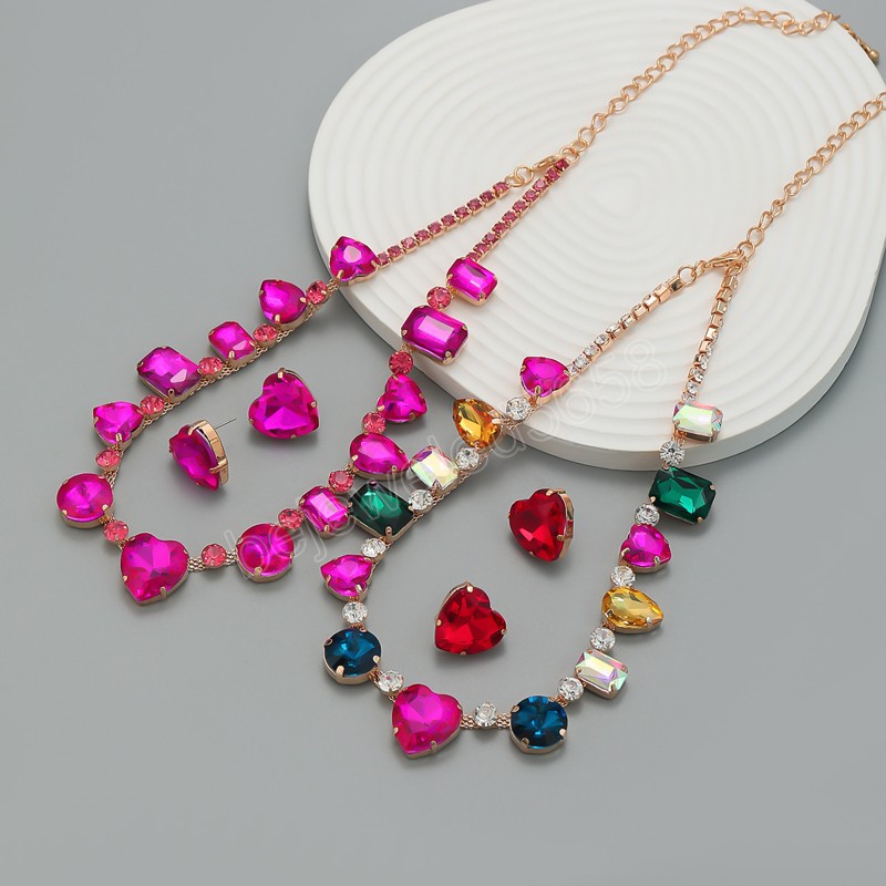 

Summer New Trend Metal Glass Heart Necklace Earrings Set Bridal Wedding Party Jewelry Women's Charm Accessories Gift, As picture