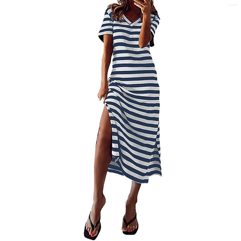 

Casual Dresses Women' Striped Slit Loose Hem Dress, Blue