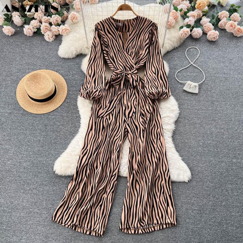 

Casual Dresses Printed Lantern Sleeve Jumpsuit Autumn ANSZKTN Women's Waist Slimming Loose Wide Leg Long Pants, Black