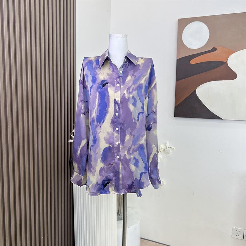 

Women's Blouses 2023 Korean Fashion Summer Shirt Purple Halo Dyed Oil Painting Silk Smooth Satin Face Versatile Sunscreen For Women