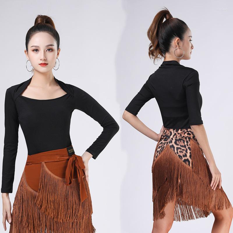 

Stage Wear Adult Women Latin Dance Tassel Hip Triangular Scarf Skirt Leopard Print Black Long Sleeves And Half Top Dancewear, Half sleeves top