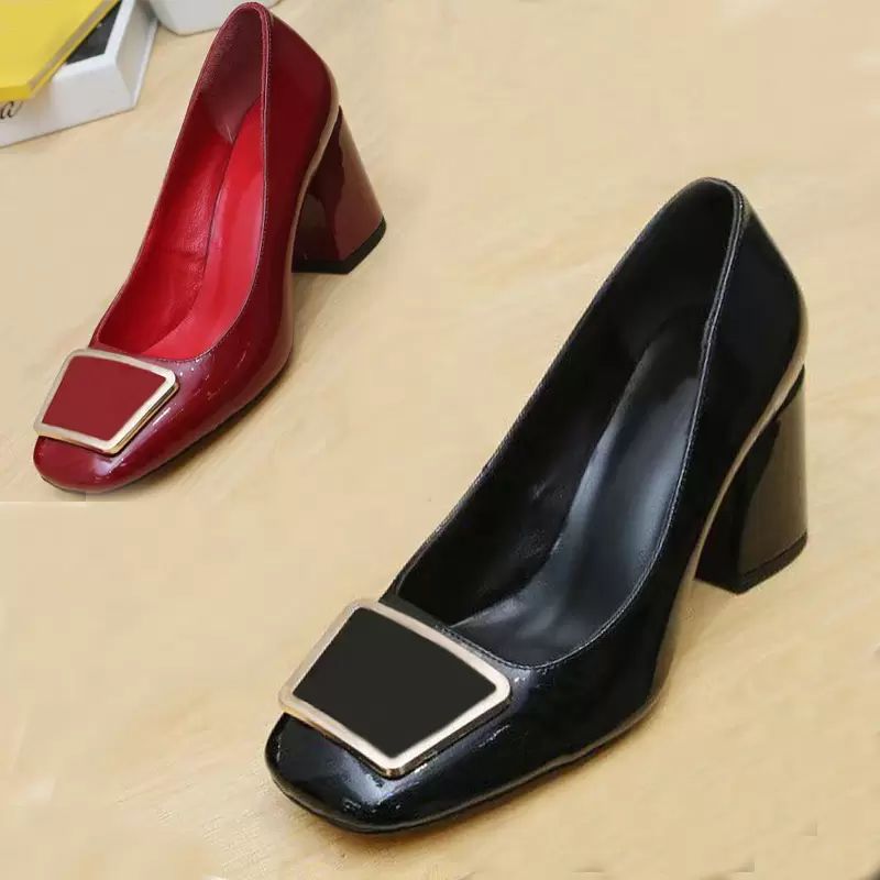 

Classic Designer Dress shoes leather Thick heel high heels 100% cowhide Round head Square metal buckle women High heeled boat shoe Large size 35-42 with box, Nude