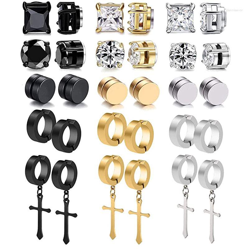 

Stud Earrings 15 Pairs Of Magnetic Men's Stainless Steel Clip-on Pierced CZ Pendant Earring Set Cross Zircon