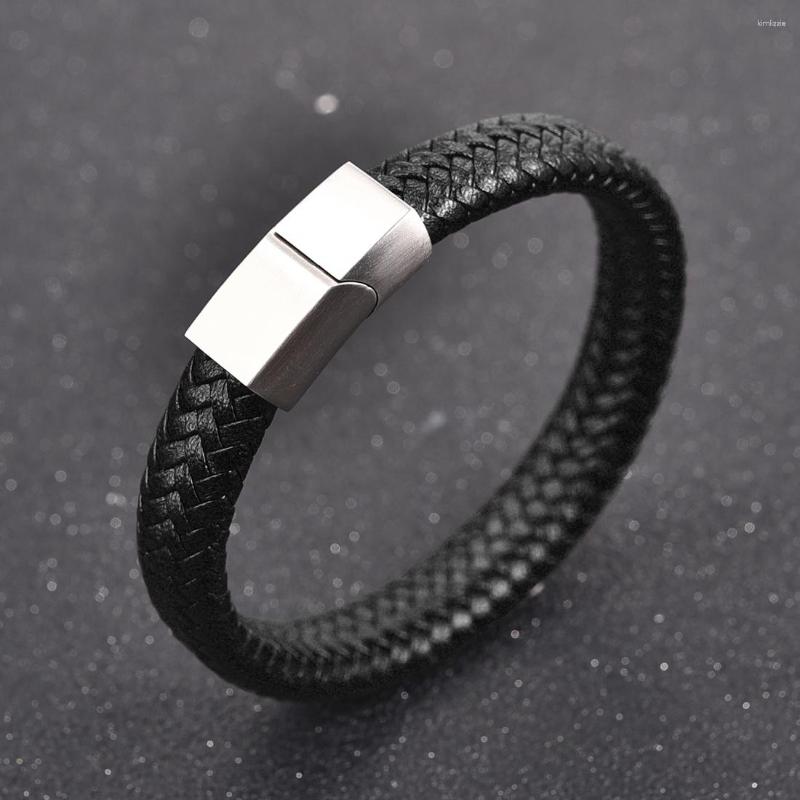 

Charm Bracelets Punk Men Jewelry Black Braided Leather Bracelet Stainless Steel Magnetic Clasp Bangles Fashion Gifts