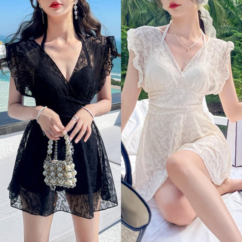 

Women's Swimwear Women's Lace Splicing Flat Angle Conservative Thin Fairy Swimsuit, Beige