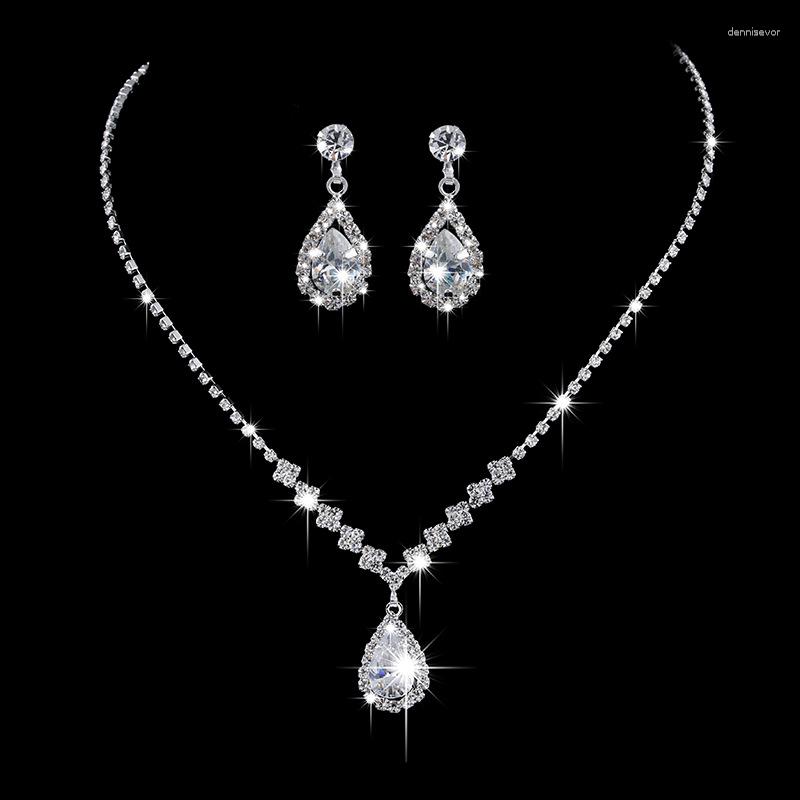 

Necklace Earrings Set Bridal Wedding Jewelry Shiny Tennis Chain Crystal Women Latest Double Layer Rhinestones, Picture shown