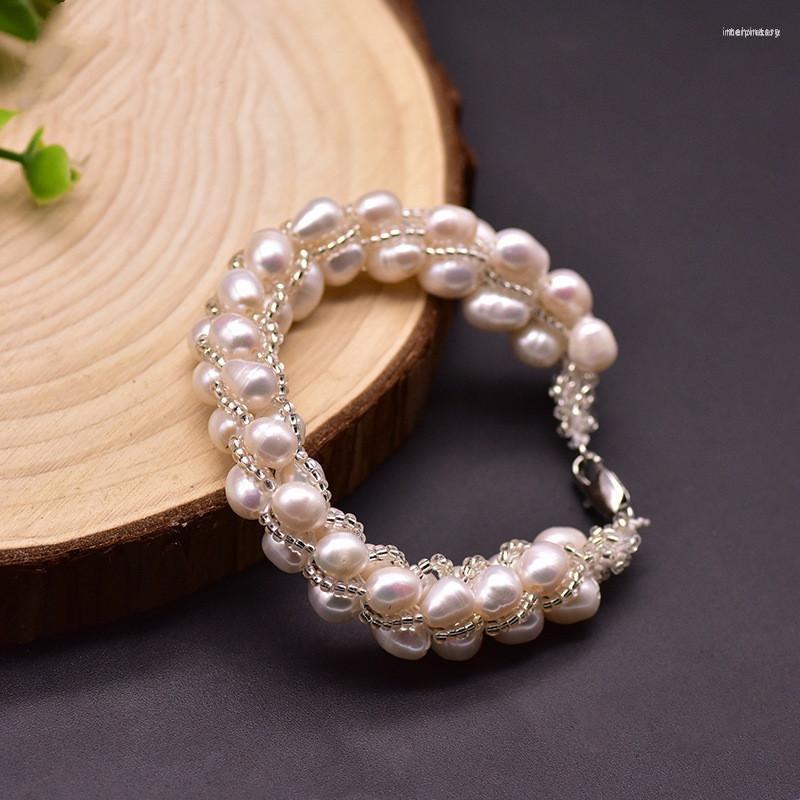 

Link Bracelets Luxury Hand-Woven Freshwater Pearl Beaded Baroque Style Jewelry Women Bangle Ladies Gifts