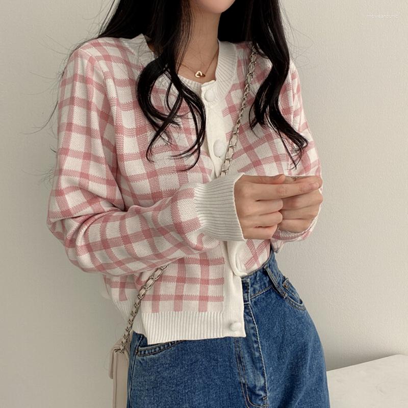 

Women's Knits Autumn 2023 Cardigans For Women Harajuku Coat Check Long Sleeve Single Breasted Plaid Short Knitted Sweater Chic Ladies, Blue
