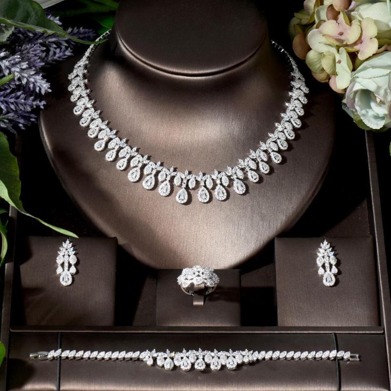 

Necklace Earrings Set Fashion Luxury Women Jewelry Water Drop Bridal CZ Bracelet Ring 4pcs Big Wedding For Bride N-692, Picture shown