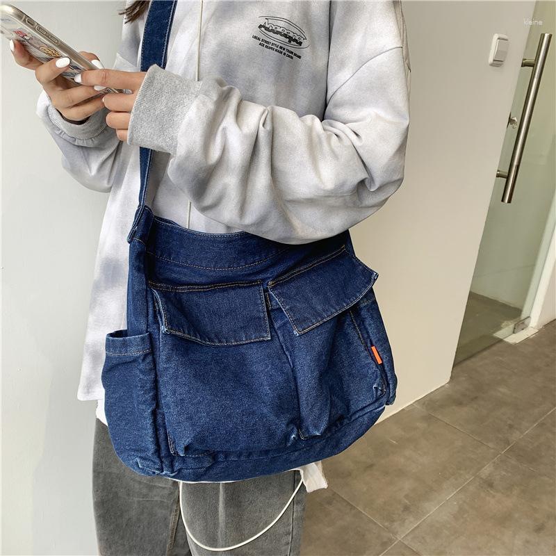 

Evening Bags Denim Bag Summer Korean Simple Square Cotton Solid Zipper Soft Casual High-Capacity Shoulder Handbag, Navy blue