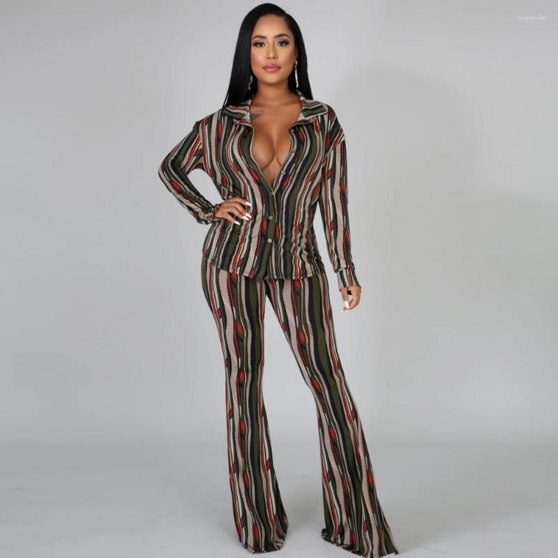 

Ethnic Clothing 2 Two Piece Set African Stripe Print Long Sleeve Blouse Tops And Pant Suits Spring Autumn Women Matching Fashion Outfit