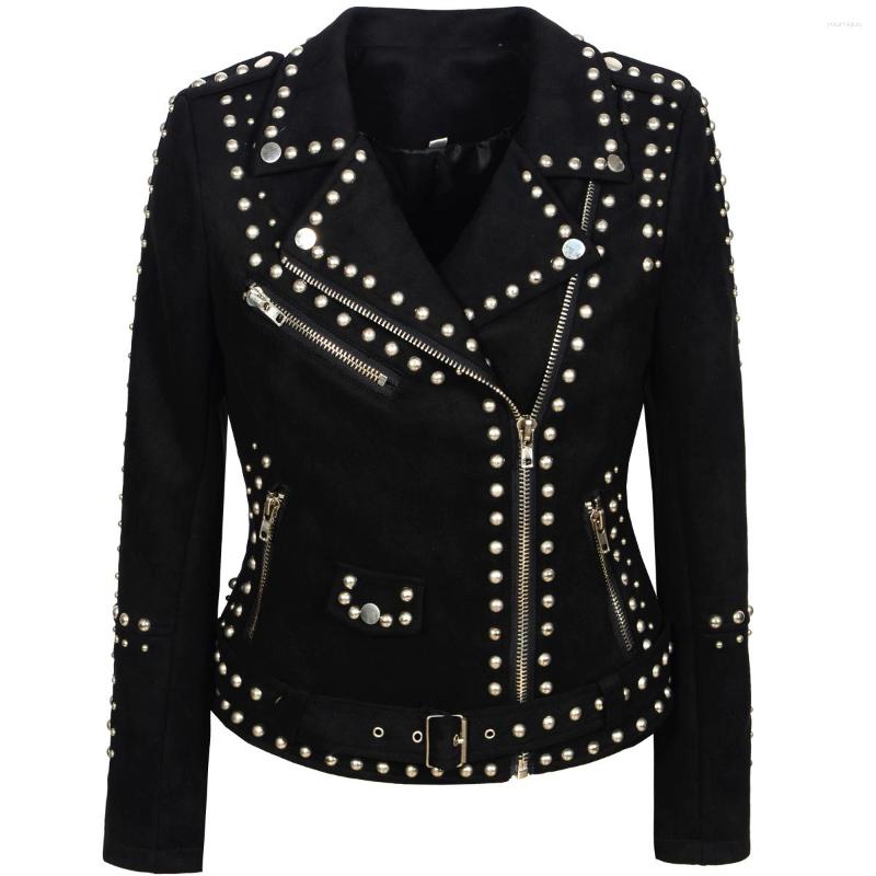 

Women's Jackets Autumn Winter Women Zippers Suede Minimalist Neutral Style Studs Lapel Collar Black Motorcycle Coat Slim Fit Streetwear, Pu black