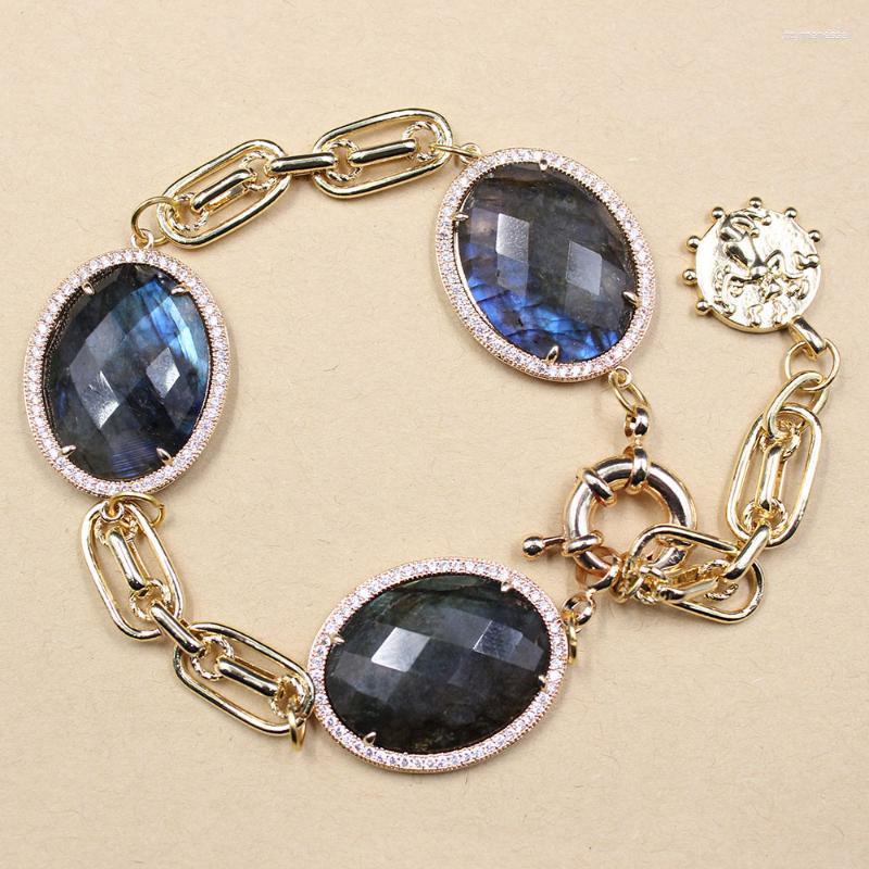 

Strand Beaded Strands GuaiGuai Jewelry Natural Labradorite Oval Coin Shape Cubic Zirconia CZ Pave Bezel Set Gemstone Chain Bracelet Raym22