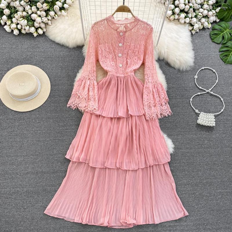 

Casual Dresses French Chic Maxi For Women Flared Sleeve Lace Patchwork Female Cake Dress A-line O-neck Ladies Long Vestidos Dropship, Green