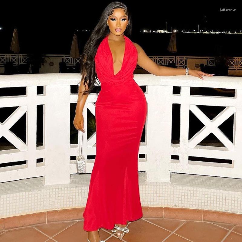 

Casual Dresses Plunging Backless Elegant Party Dress For Women Halter Neck Draped Mermaid Evening Black Red Bodycon Maxi