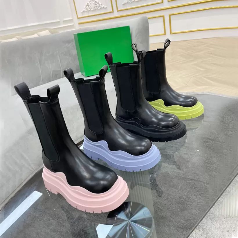 

Long Boots Tall Boot Platform Shoe Women Shoes Autumn Winter Knight Womens Black Soft Cowhide Elastic Belt Designer Leather Lady Thick Soled Large size 35-42 with box, Black+pink