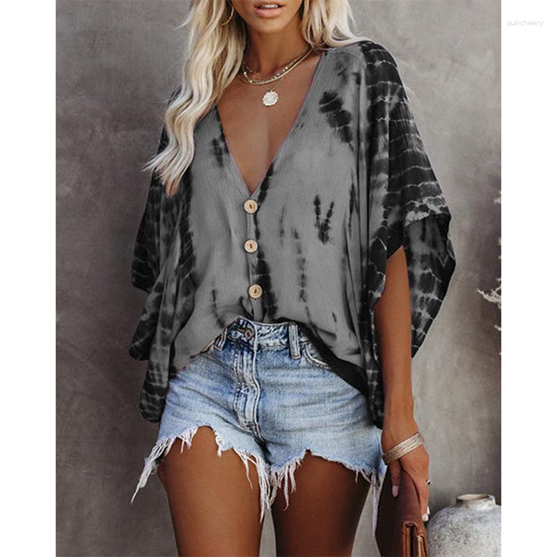 

Women's Blouses 2023 Autumn Fashion Women's V-neck Bat Sleeve Tie-dye Printed Blouse For Ladies Loose Button Streetwears Blusas Spring, 02