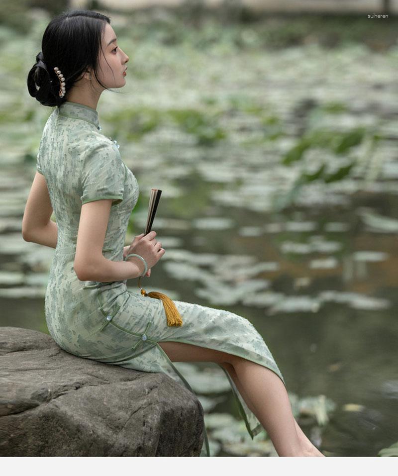 

Ethnic Clothing Women Green Cheongsam Short Sleeve Soft Vintage Long Dress Slim Wedding Costumes Chinese Traditional Elegant Qipao S To XXL