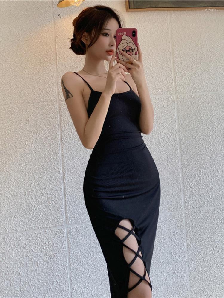 

Casual Dresses Split TVVOVVIN French Maxi Dress Summer High Waist Close Slim Medium Length Women's Sexy Korean Women R18Z, Black