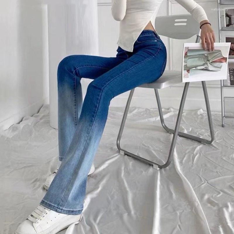 

Women's Jeans Gradient Flared For Women Slim Stretch High Waist Wide Leg Pants Female Streetwear 2023 Korean Fashion Denim Q5948, Dark blue