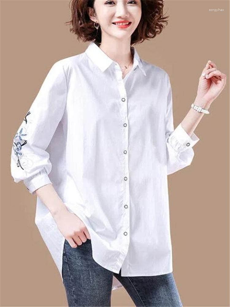 

Women's Blouses Pure Cotton Shirt Women's Loose Literary Cardigan White Embroidery Top Laple Long Sleeve Thin Casual Femine Shir