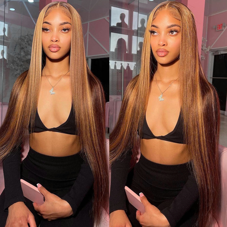 

26 Inch 13x6 HD Lace Front Wigs Human Hair Highlight Straight 13x4 Lace Frontal Wig Glueless Preplucked For Black Women, Natural color