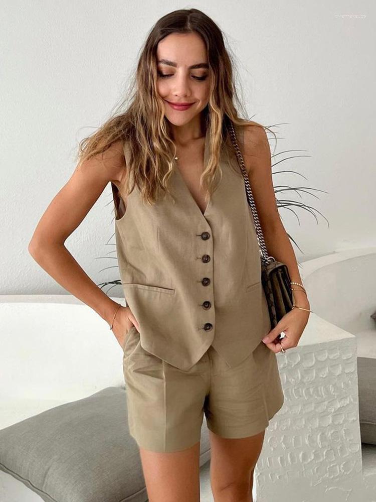 

Women's Tracksuits Summer Faux Linen Two Piece Set Women Elegant Single Breasted Waistcoat Vest And High Waist Bermuda Shorts Sets Womens
