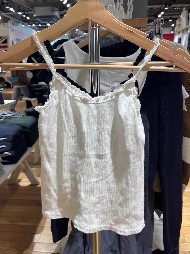 

Women's Tanks Sweet Solid Lace Trim Camis Top Women Casual White Cotton Ribbed Sleeveless Summer Tank Tops Female Vintage Slim Cute Vests