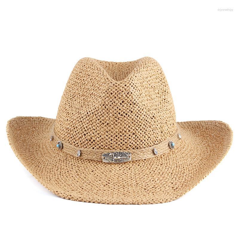 

Berets Wide Brim Men Straw Cowboy Hat Summer Women Cowgirl Fedora Panama Sun Shade Beach, Camel