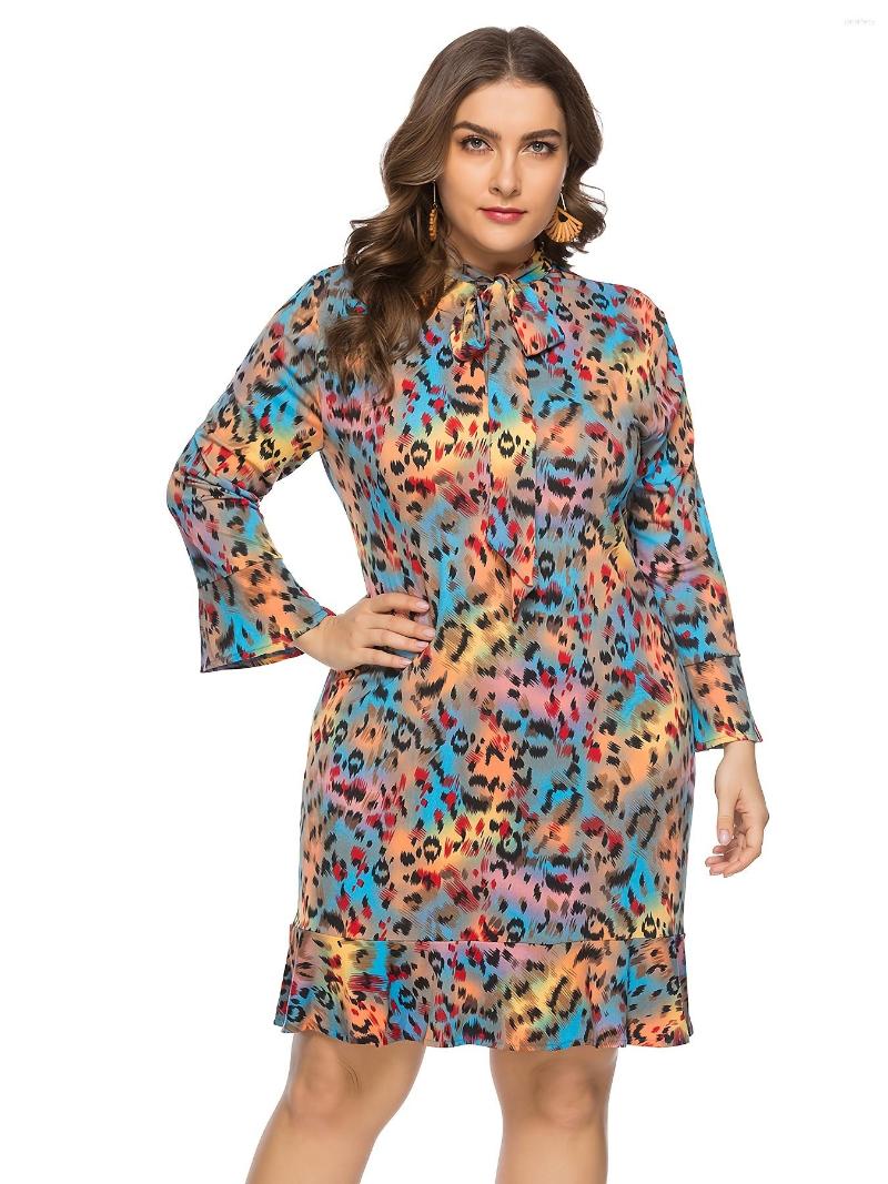 

Plus Size Dresses Random Color Bow Tie Front Ruffle Hem Midi Dress Women's Casual Slight Stretch, Orange
