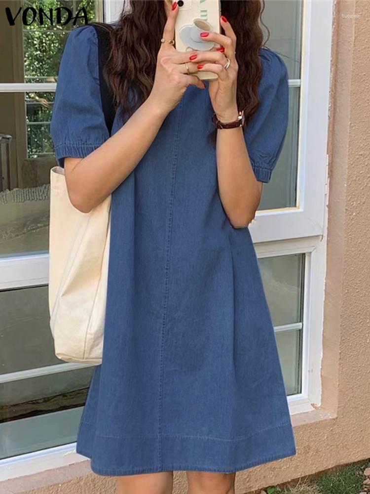 

Casual Dresses VONDA Short Sleeve Dress 2023 Women O-Neck Denim Summer Sundress Solid Street A-line Vestido Robe Oversize, Black