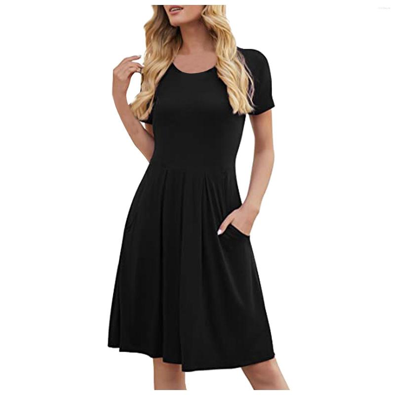

Party Dresses Solid Color Pockets Summer For Women Plus Size O-Neck Pleated Loose Dress Casual Sexy Robe Femme Vestidos, Bk