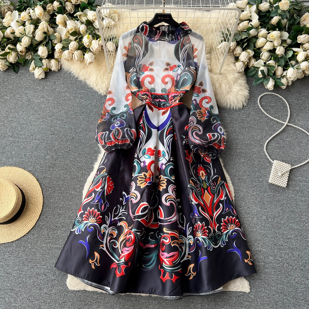

Light luxury retro high-end positioning printed long sleeved dress with waistband style chiffon patchwork large hem long skirt, Black