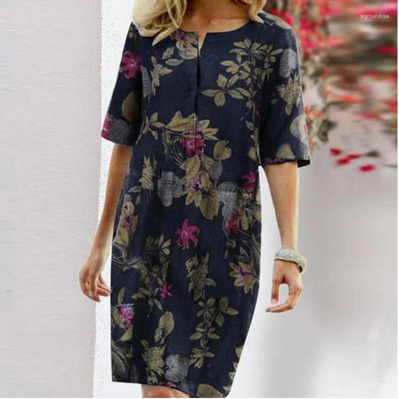 

Casual Dresses Autumn Cotton Linen Dress 2023 Summer Button O-Neck Printing Knee Party Women Long Sleeve Plus Size 4XL, Style5
