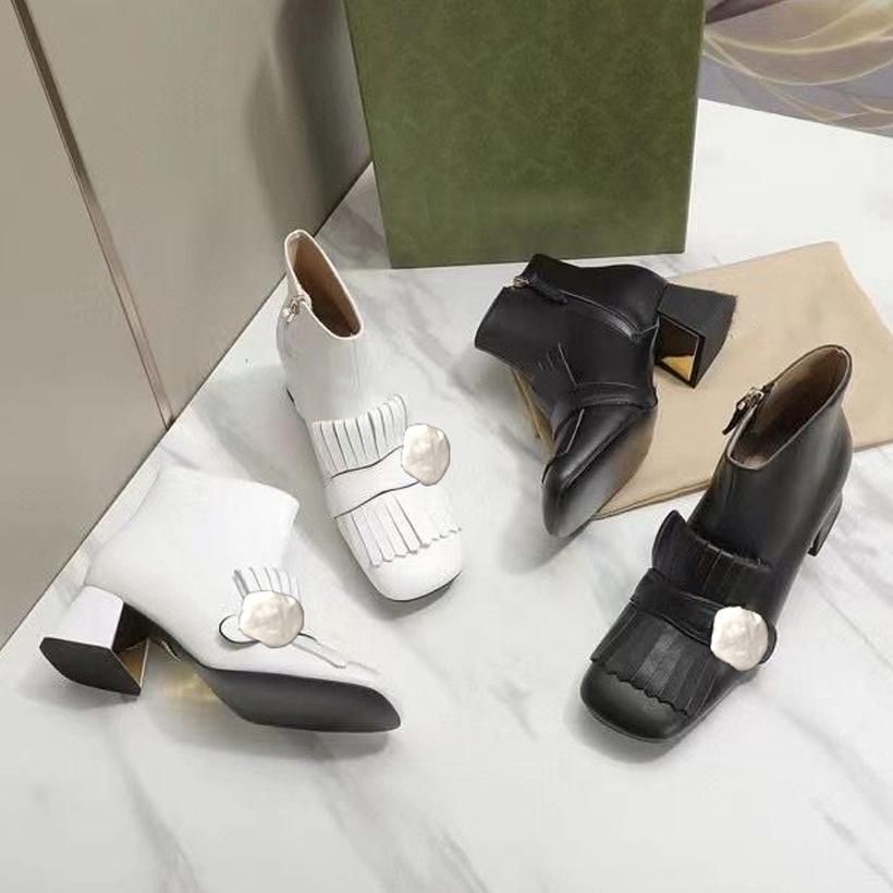 

Tassel boots woman zipper Metal buckle designer ankle boot 100% Leather lady High Heels fashion Autumn winter Thick heel women shoes Large size 35-42 with box, White