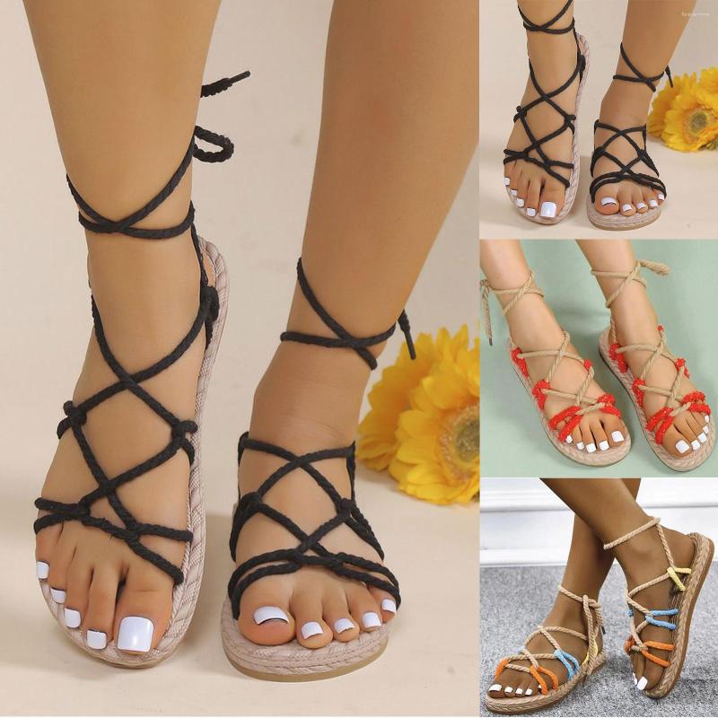 

Sandals Women Fashion Pattern Summer Colored Open Toe Breathable Large Comfortable Lace Up Universal, Red