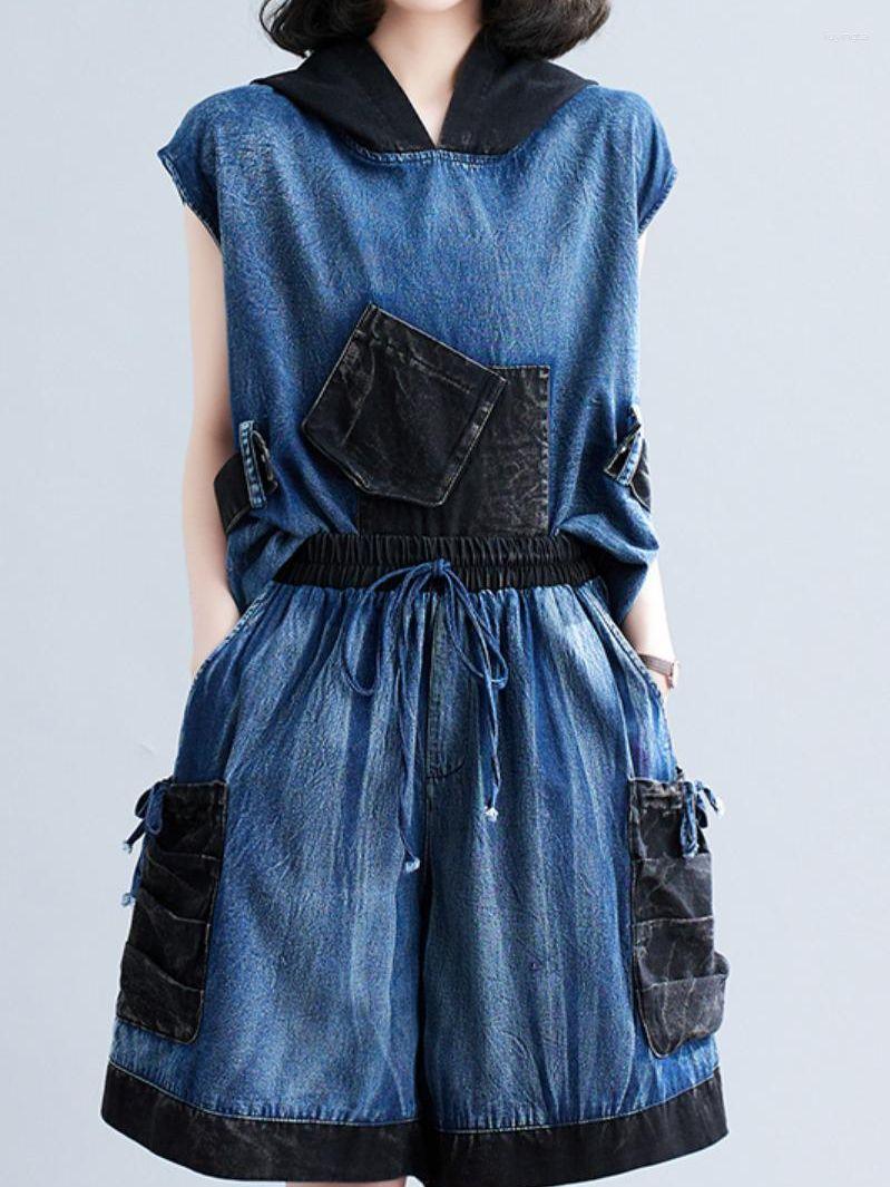 

Women's Tracksuits Women Summer Streetwear Hooded Sleeveless Denim Patchwork Pullover Vest Knee-length Wide Leg Drawstring Shorts Two Piece, Deep blue