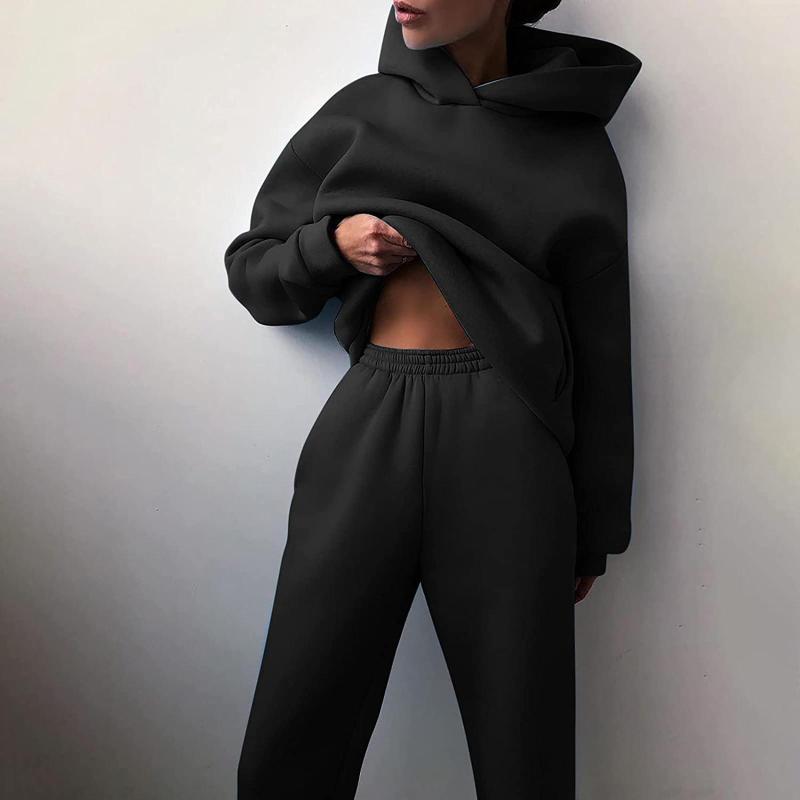 

Women' Two Piece Pants Women Tracksuit Sets Solid Long Sleeve Hooded Oversized Hoodie Sweatshirts And Autumn Warm Sports Suits, Coffee