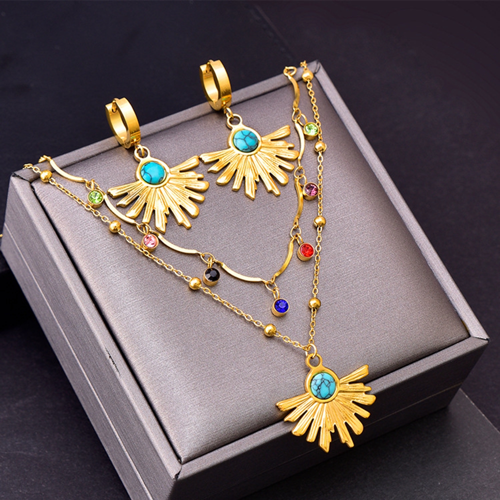 

Women Necklace Earrings Jewelry Set Vintage Turquoise Colorful Zircon Double Layer Collar Chain Gift Fan Shaped Titanium Steel Accessories, Golden