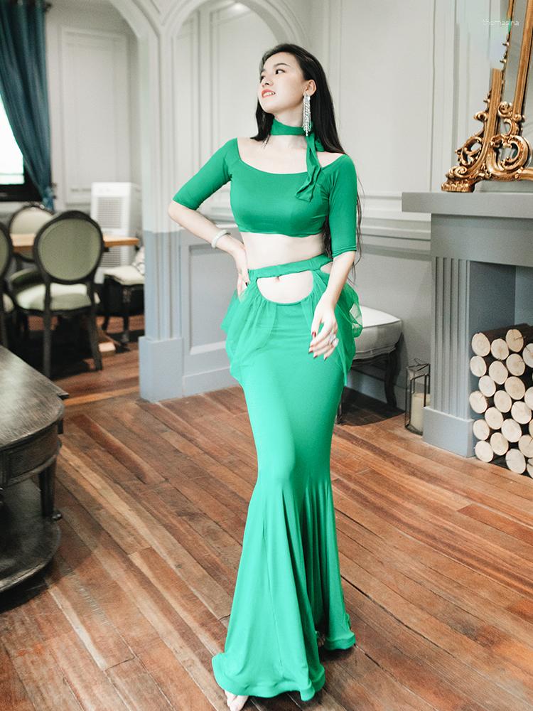 

Stage Wear Belly Dance Clothes 2023 Summer Temperament Sexy Mesh Fishtail Exercise Oriental Set, Green