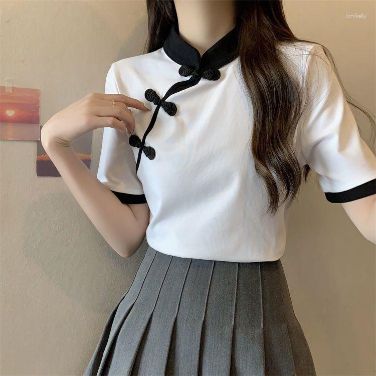 

Women's T Shirts Summer Women's Top Retro Stand Neck Chinese Pan Button Short Sleeve T-shirt Versatile Shows Thin Slim Black Female, White